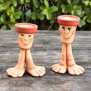 Vintage Set Art Pottery Funny Face Waddle Feet Candle Holders Air Planter Whimsy